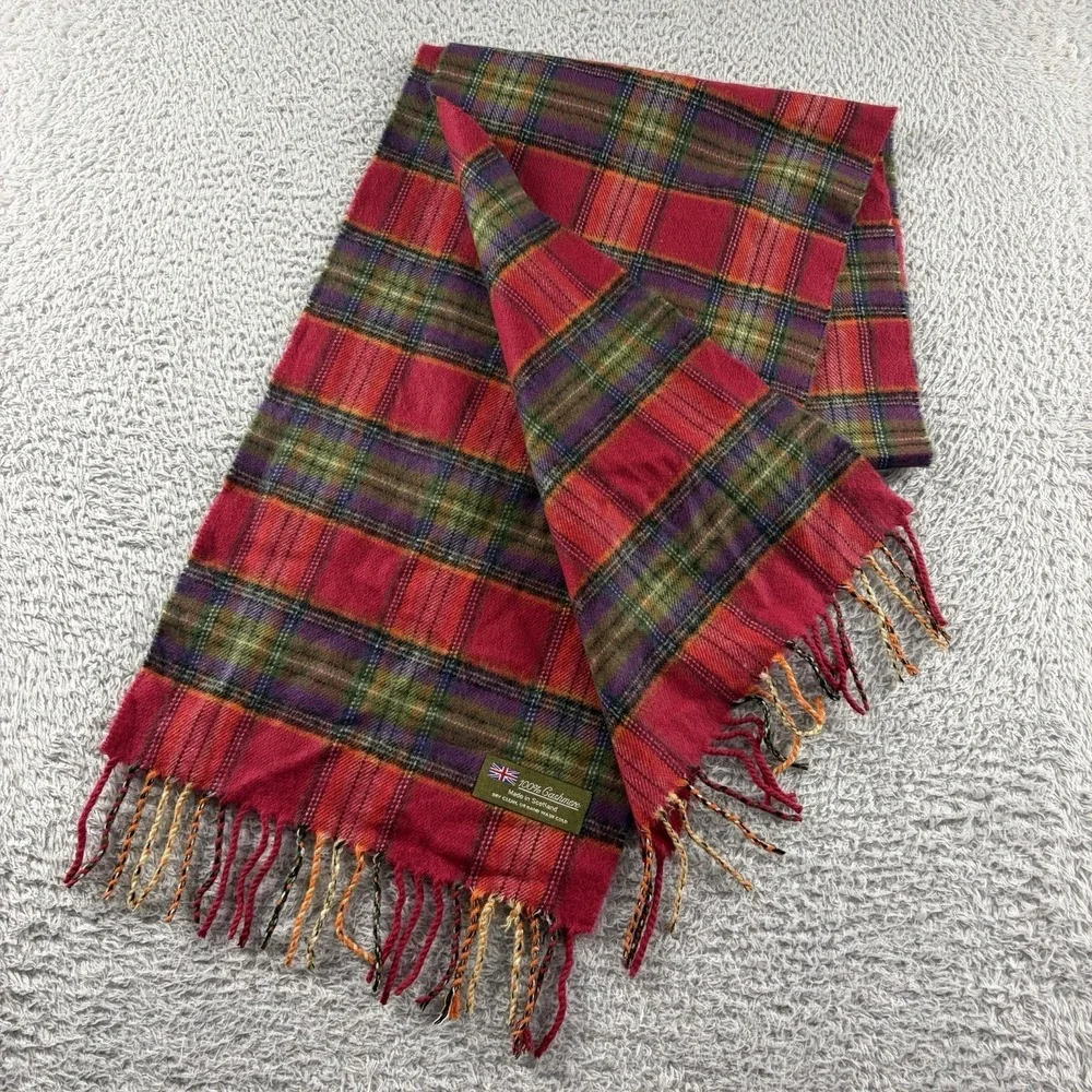 100% Cashmere Scarf Plaid Colorful Made in‎ Scotland Red